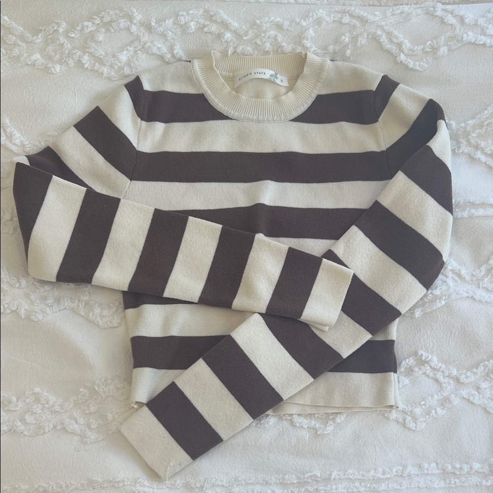 Altar'd State Cream and Brown Striped Knit Cropped Sweater Top